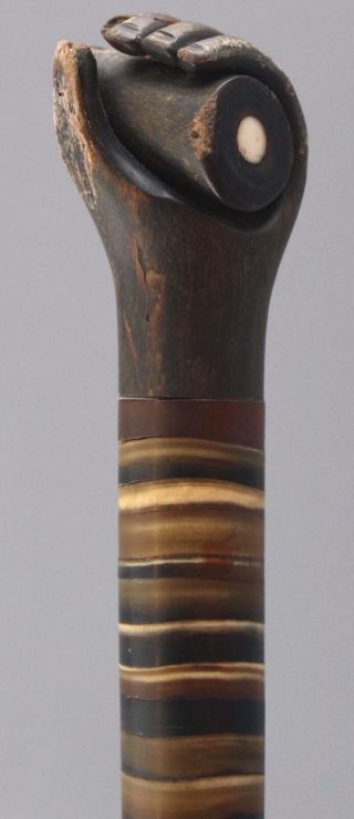 19thC Antique American Folk Art,  Horn - Wafer Cane w/ Carved Hand & Post,  NR 6