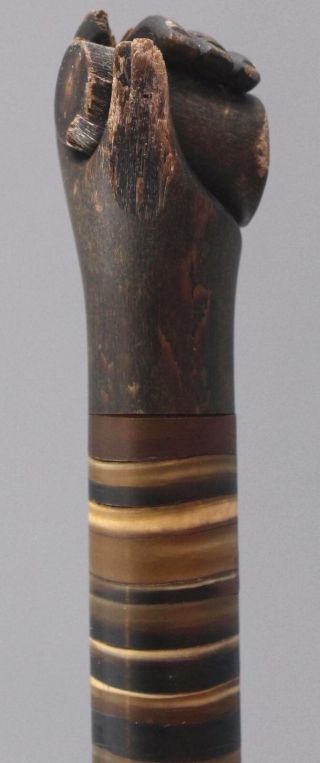 19thC Antique American Folk Art,  Horn - Wafer Cane w/ Carved Hand & Post,  NR 7