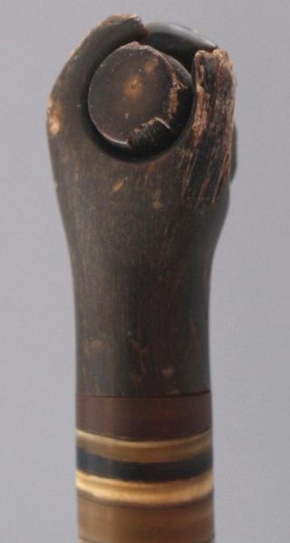 19thC Antique American Folk Art,  Horn - Wafer Cane w/ Carved Hand & Post,  NR 8