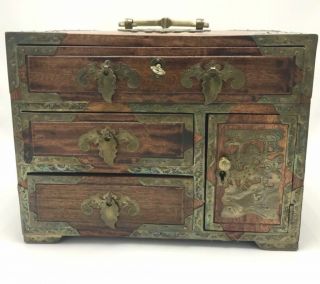 Large Early 20th C Chinese Wood And Brass Jewelry Box