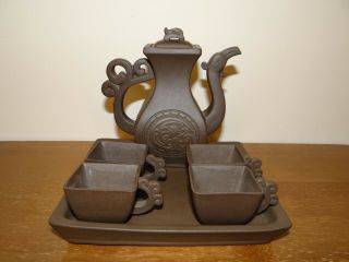 Antique? Vintage Chinese Yixing Teapot Tea Cups & Tray Set Signed