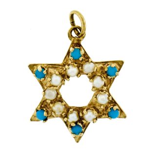 Vintage 14k Yellow Gold Prong Pearl & Turquoise Open Star Of David Charm Pendant