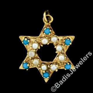 Vintage 14K Yellow Gold Prong Pearl & Turquoise Open Star of David Charm Pendant 2