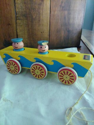 Vintage Brio Animated Wooden Pull Toy Sailors In Ship