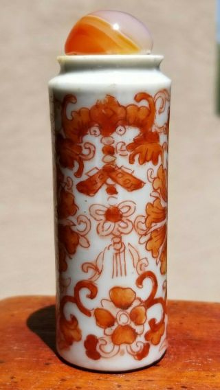 Antique Chinese Snuff Bottle Porcelain Iron Red,  Agate Top 18th/19th C.  Rare