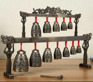 Vintage Oriental Asian Chinese Bronze Bells Chinese Tibet Dragon Glockenspiel