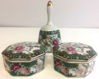 Vintage Porcelain Japanese Hummingbird Trinket Boxes & Bell Set Floral Green