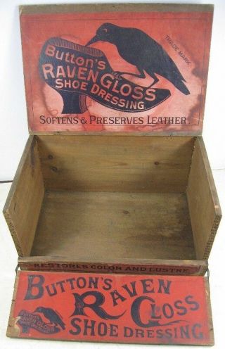 Antique 1880 ' s Store Display Dovetailed Box Button ' s Raven Gloss Shoe Dressing 6