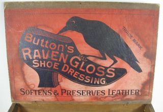 Antique 1880 ' s Store Display Dovetailed Box Button ' s Raven Gloss Shoe Dressing 8