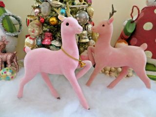 1 Large Pink Flocked Reindeer Deer Vtg Xmas Ornament Self Standing Japan Figure