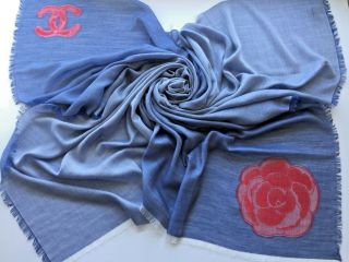 Authentic Chanel Blue Denim Logo Cc Camellia Print Xl Cashmere Silk Shawl