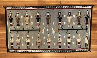 Vintage Navajo Native American Indian Yei Figure Wool Rug 62 X 34 Corn Husk Bird