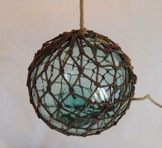 Vintage Japanese Glass Fishing Float.  Sky Blue.  Full Net.  Straw Marks (44)