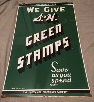 Rare Vintage Ep 54 S&h Green Stamps Two Sided Porcelain Sign Save As You Spend