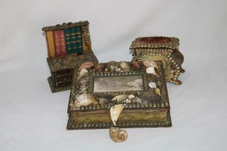 Victorian Sailor’s Shell Art Trinket Boxes Desk Box For Repair,  Shell Sailboat