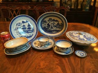 A Group Of Ten 19th C Blue And White Canton Items.