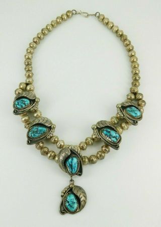 Vintage Southwestern Sterling Silver Turquoise Necklace 16.  5 " Long Signed Dd