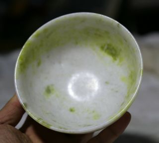 12cm China 100 Natural Green Lantian Jade Hand Carving Wine Tea Cup Bowl Statue