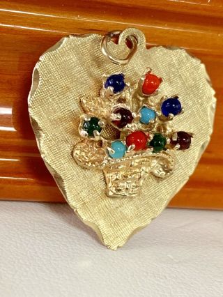 Vintage Large 14k Yellow Gold Gemstone Flower Basket Open Heart Charm Pendant