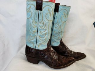 Rare Hyer Alligator Cowboy Boots Style 6494 Brown & Blue Leather Men 
