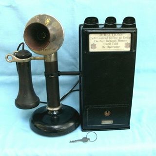 Antique Gray Pay Station With Rare Dean Electric Candlestick Telephone