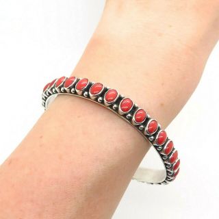 R.  J.  Apacheto Old Pawn Vintage Sterling Silver Coral Gem Tribal Bangle Bracelet