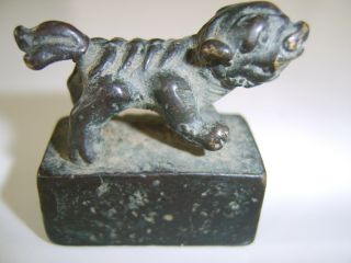 Rare Old Chinese Antique Solid Bronze Seal Food Dog Lion Mythical Creature ?