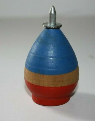 Vintage Wooden Spinning Top Toy Wood W/metal Tip Red/tan/blue Paint Pd