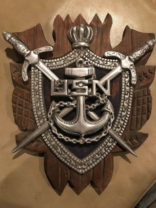 U.  S.  Navy Anchor Chain Wood Wall Plaque Sign Vintage Usn Crown Swords