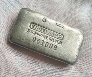Vintage Engelhard 5 troy oz.  999 Silver Hand Poured Bar - Imprint on Reverse 3