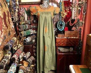 Khaki Green Vintage Mexican Oaxacan Orange Color Embroidery Dress