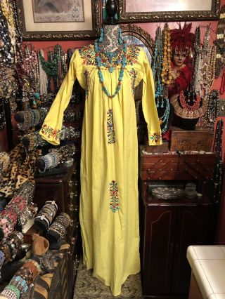 Absolutely Yellow Vintage Mexican Oaxacan Embroidered Dress Size M/l