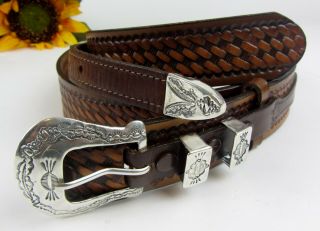 Vintage Navajo Sterling Silver 4 Piece Ranger Buckle Set & 38 " Leather Belt