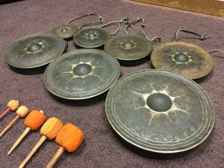 Vintage Nipple Gong 7 Piece Set With Mallets Leather Hanging Straps Antique