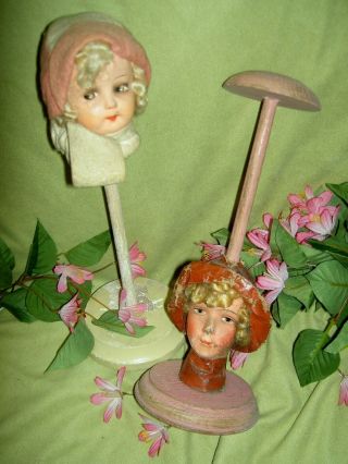 Pair 1920s Era Sgnd Germany Boudoir Doll Hat Stands Wearing Cloche Hats