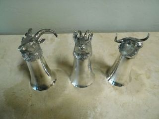 Vtg.  Set Of 3 Silverplate Animal Head Stirrup Cups Goblets / Signed / Spain