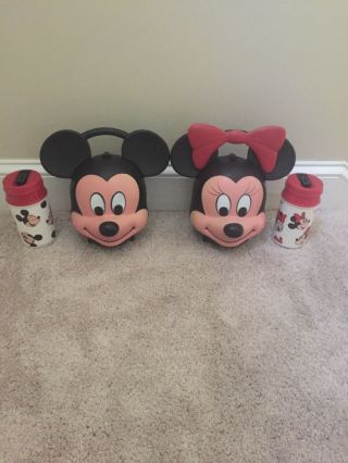 Vintage Aladdin Mickey And Minnie Mouse Head Lunch Boxes With Thermos Very Rare