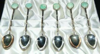 Antique Set Of 6 Sterling Silver And Jade Spoons By Wai Kee - Hong Kong / China