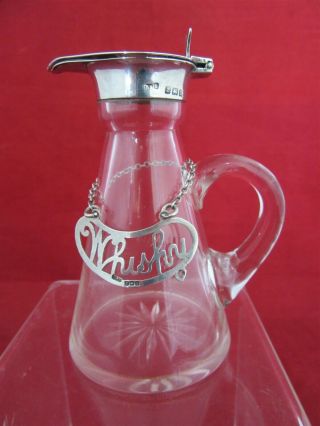 Vintage 1922 Levi & Salaman Glass Whisky Measure Jug With Solid Silver Lid & Tag