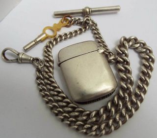 Lovely Heavy English Antique 1912 Solid Sterling Silver Albert Chain With Vesta