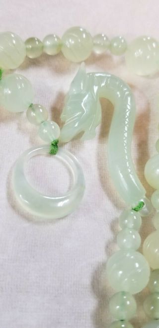 Icy Jadeite Beaded Necklace Dragon Hook & Eye Clasp Carved Beads 26 "