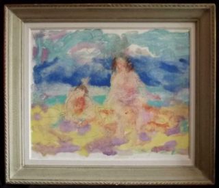 Large Akos Biro 1911 - 2002 Fine Expressionist Vintage Oil Painting On The Beach