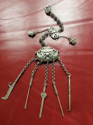 Antique Chinese Silver Smoking Pipe Tool Chatelaine 102 G