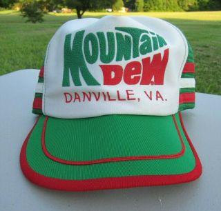 Vintage 1980s,  Mountain Dew,  Danville Va. ,  3 Stripes Trucker Hat,  Mesh,  Snap