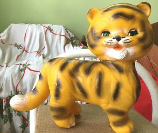 Vtg Soft Rubber Tiger Toy Edward Mobley Co 1965 Eyes Open And Close