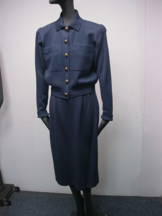 Vintage 1980s Womens St John Slate Blue 2 Pc Knit Skirt Suit Size 4