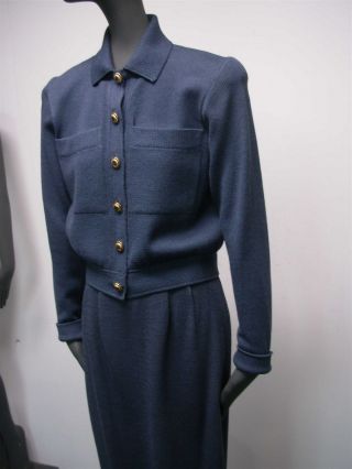 VINTAGE 1980s WOMENS ST JOHN SLATE BLUE 2 PC KNIT SKIRT SUIT SIZE 4 3