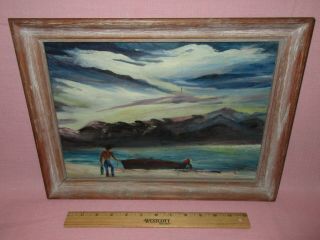 Vintage Emily Muir Oil Painting Naive Maritime Native Fisherman Boat 1961 Listed