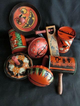 Vintage Halloween 8 Tin Litho Noisemakers Witches Cats Bats Jols Owls 1920s - 50s