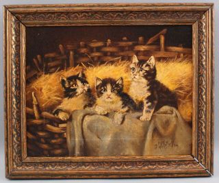 1904 Antique C.  H.  Ramsey American Oil Painting,  3 Kittens Cats In Basket Nr